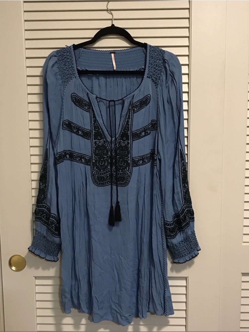 NWOT Free People Dusty Blue Embroidered Peasant Dress - Lg